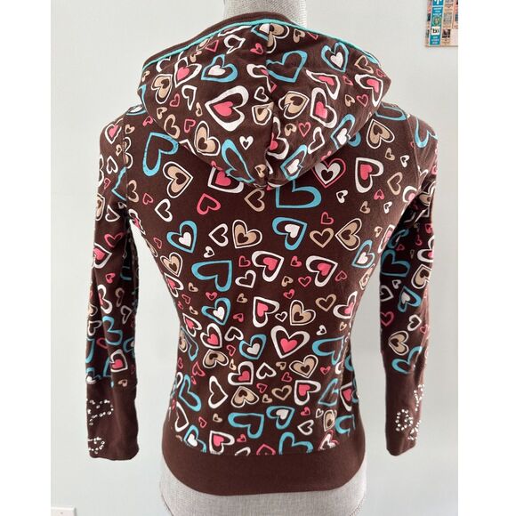 Vintage Y2k LA Kitty Brown Multi Heart Rhinestone Hoodie Jacket Top Girls 12/14 - Picture 2 of 7